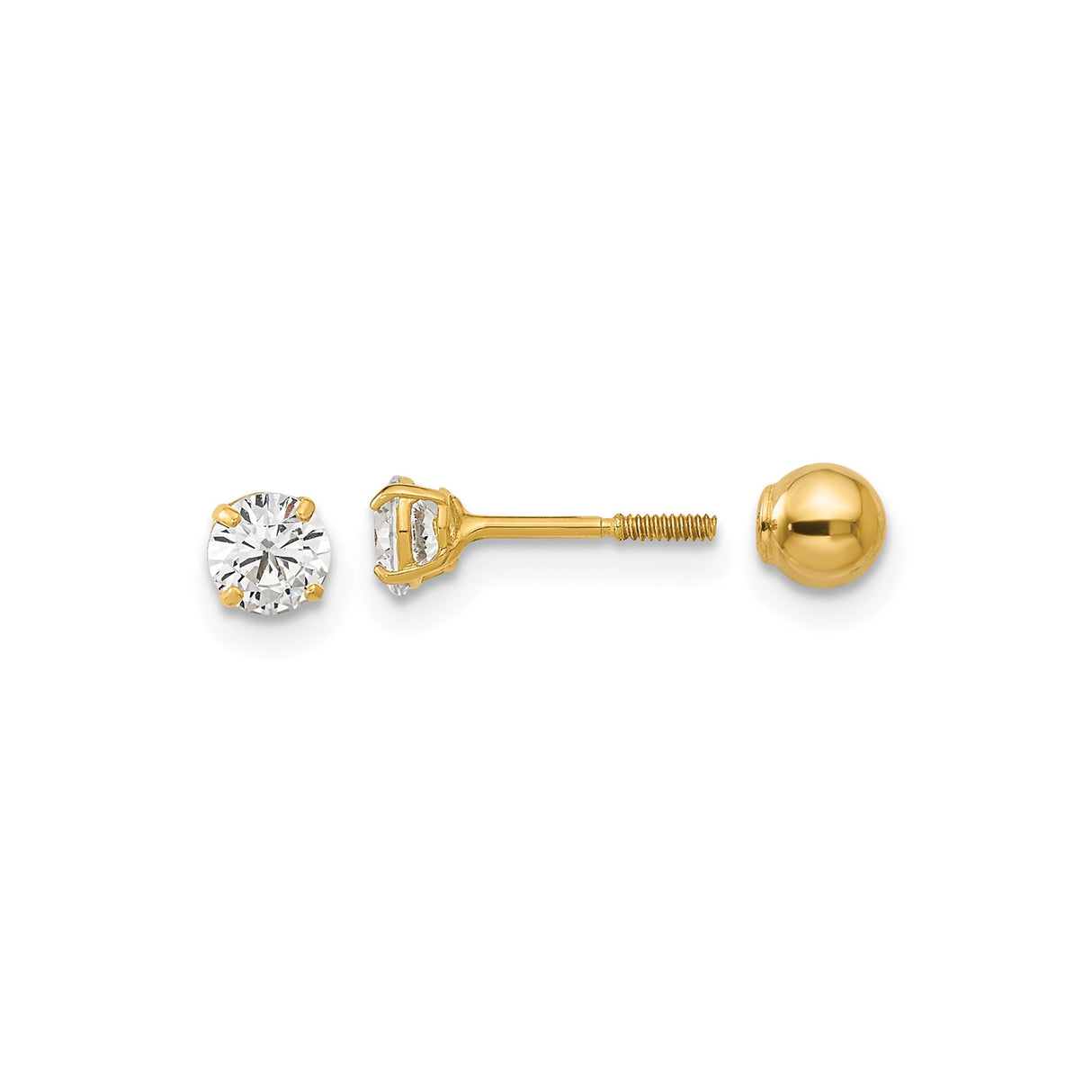 14k Yellow Gold Stud Earrings with Round Cut Cubic Zirconia, Screw Back, Solitaire Style
