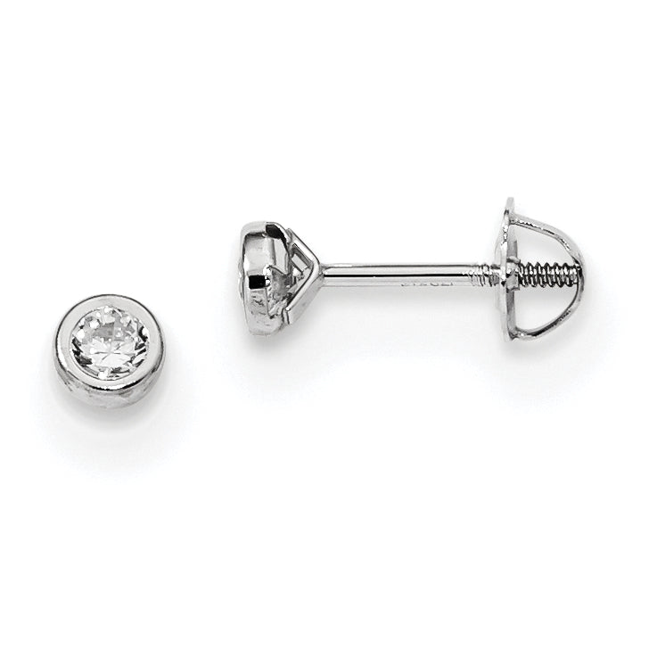 14k White Gold Solitaire Bezel Stud Earrings with Cubic Zirconia, Minimalist Modern Style