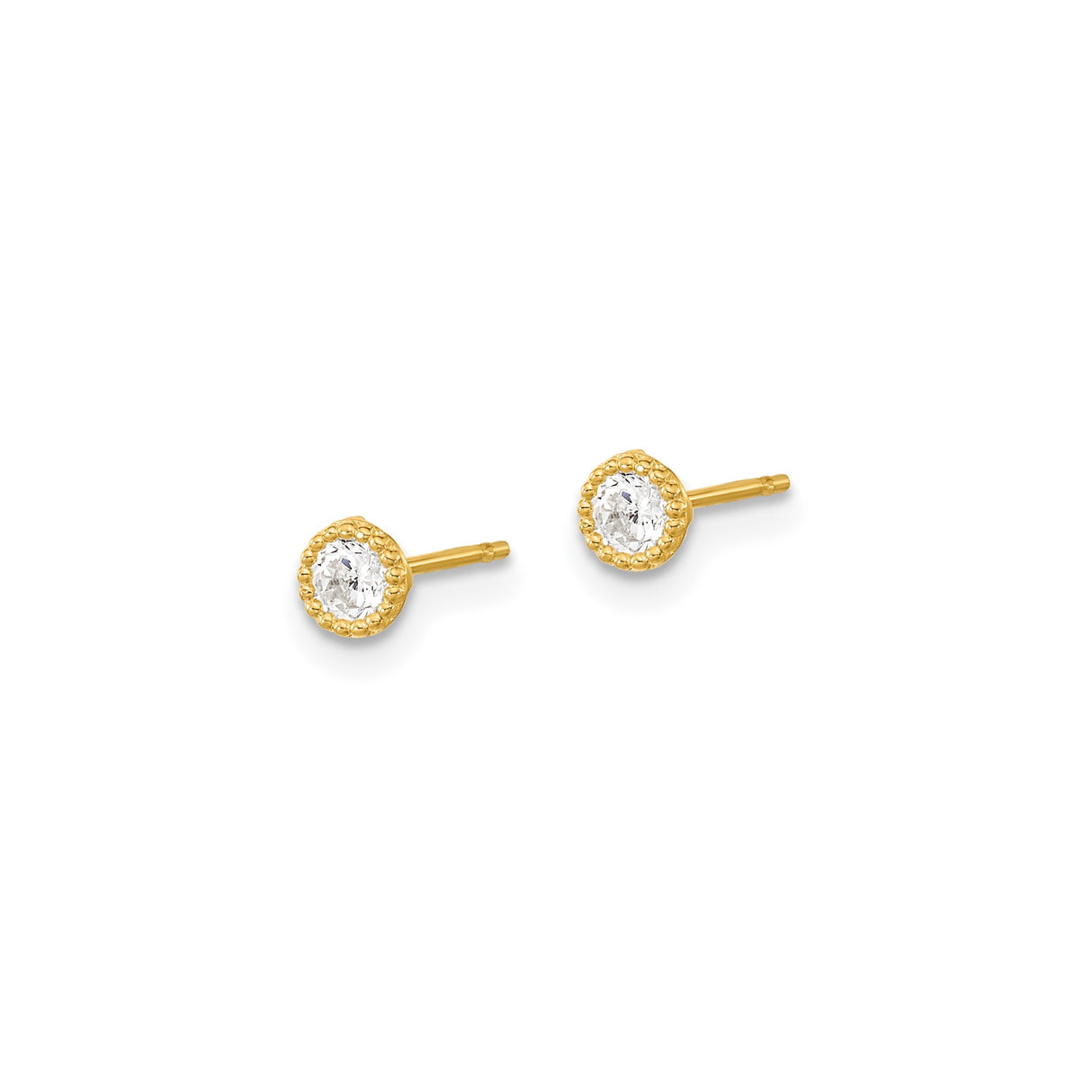 14k Yellow Gold Stud Earrings with Round Cubic Zirconia in Beaded Bezel Setting