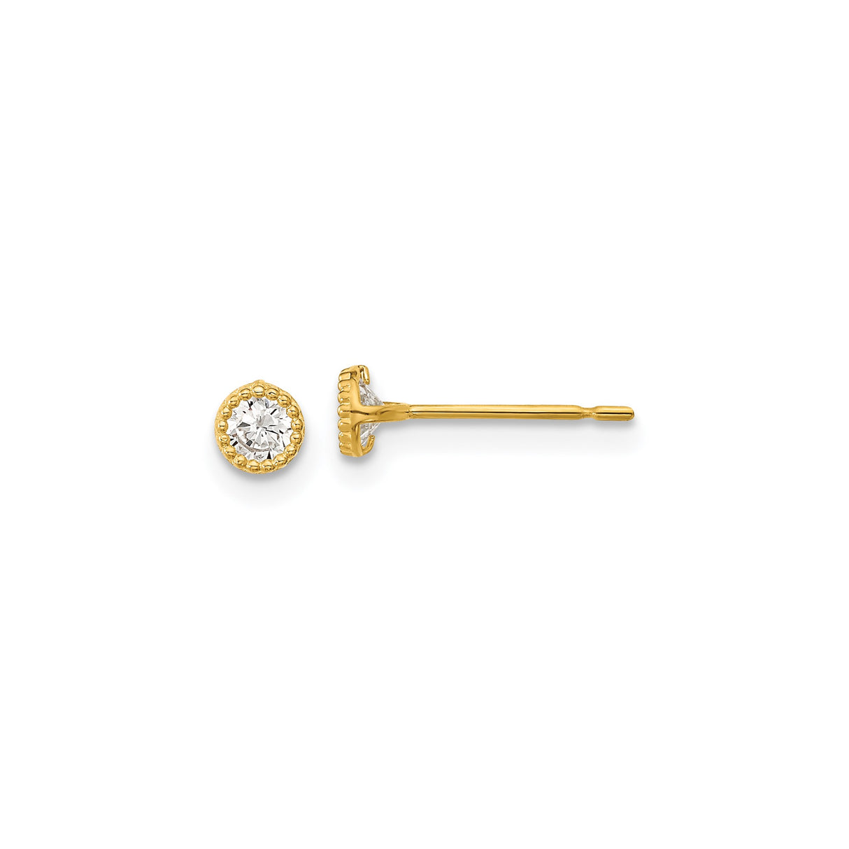 14k Yellow Gold Stud Earrings with Round Cubic Zirconia in Beaded Bezel Setting