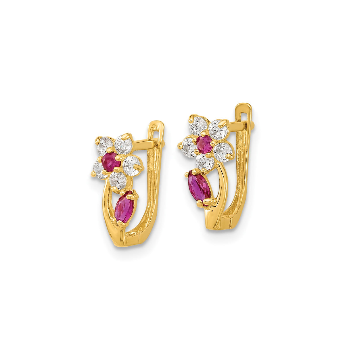 14k Yellow Gold Hoop Earrings with Cubic Zirconia, Floral Design, and Marquise Red Rubies