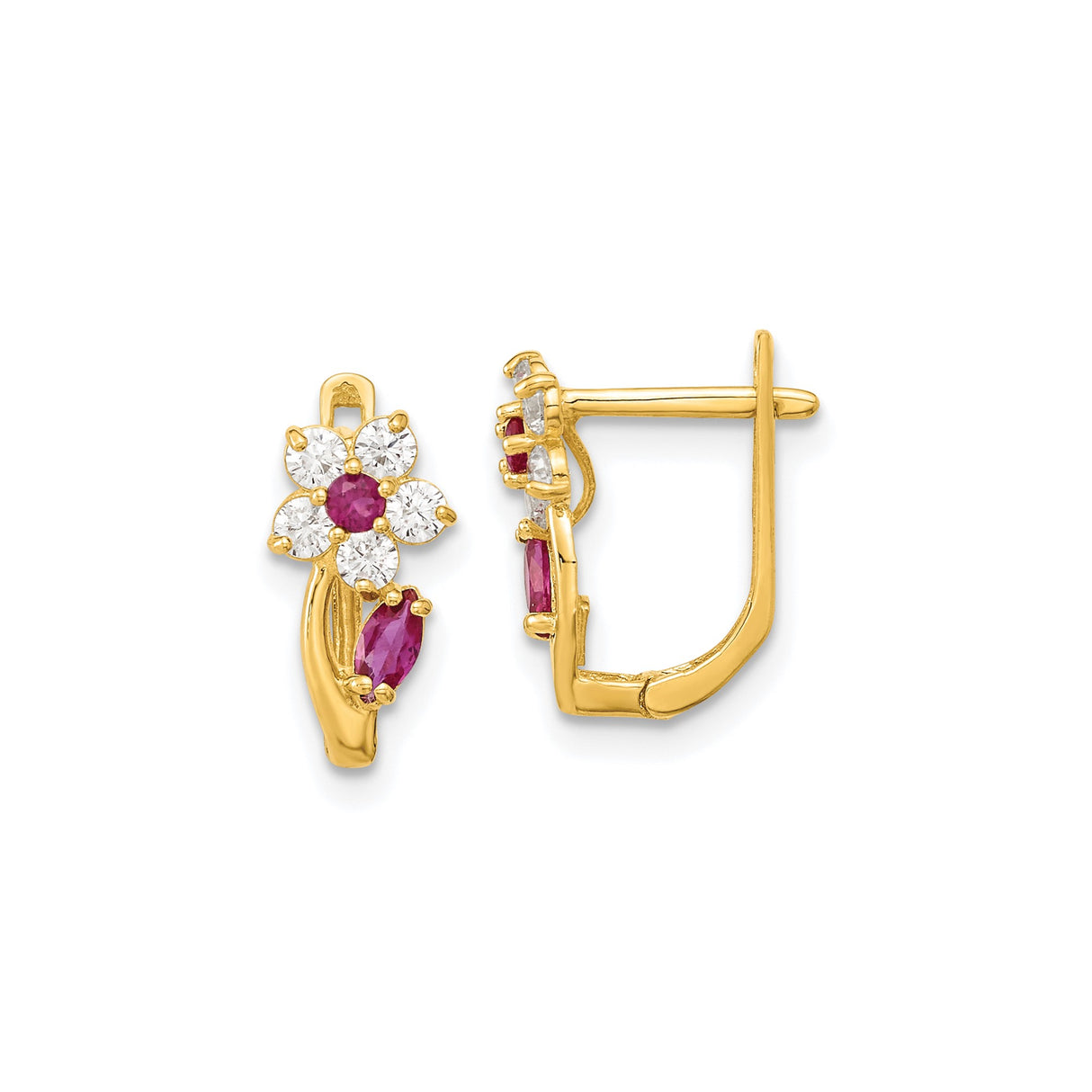 14k Yellow Gold Hoop Earrings with Cubic Zirconia, Floral Design, and Marquise Red Rubies