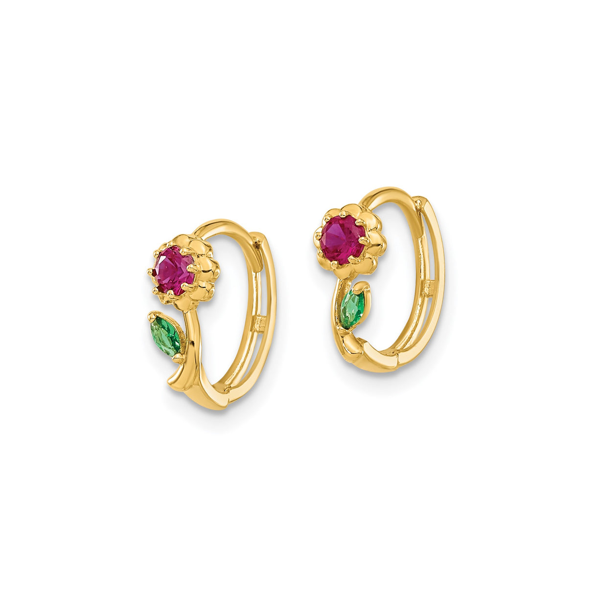 14k Yellow Gold Floral Hoop Earrings with Cubic Zirconia, Red Center and Green Leaf Accents
