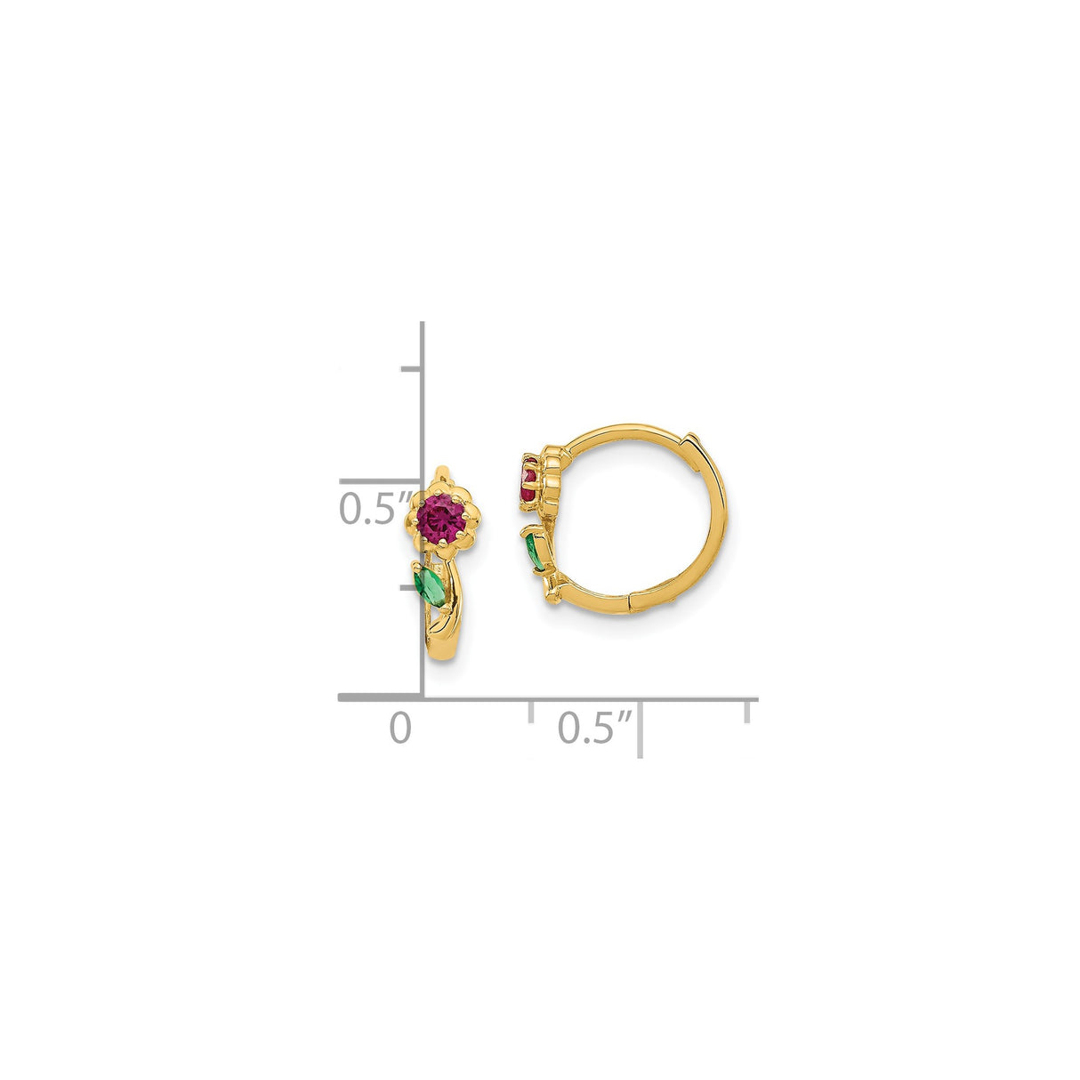 14k Yellow Gold Floral Hoop Earrings with Cubic Zirconia, Red Center and Green Leaf Accents
