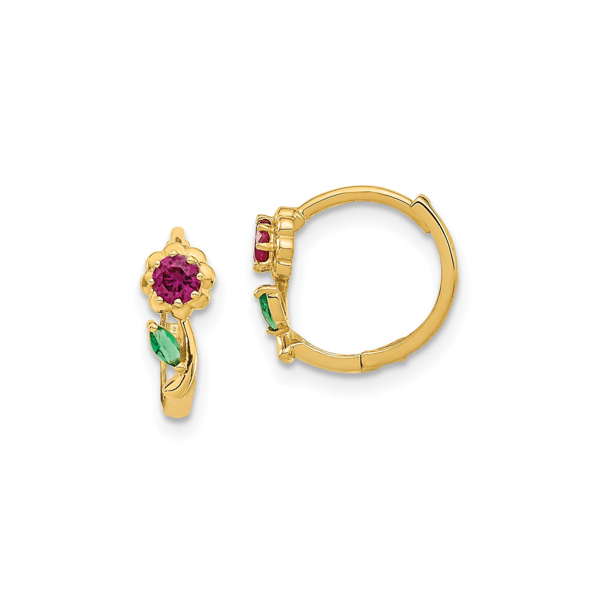14k Yellow Gold Floral Hoop Earrings with Cubic Zirconia, Red Center and Green Leaf Accents