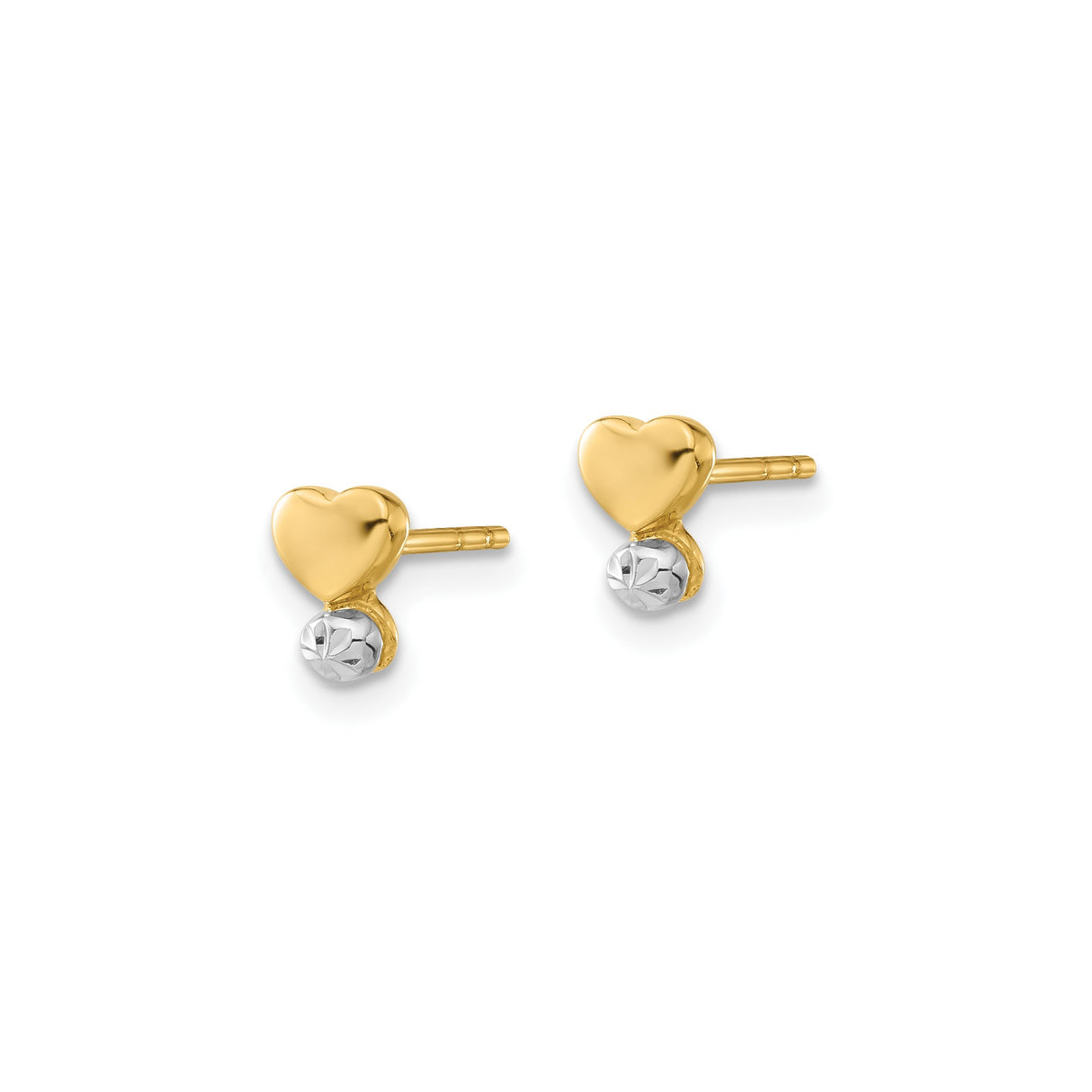 14k Yellow Gold Heart Stud Earrings with Polished Design and Textured White Ball Accent