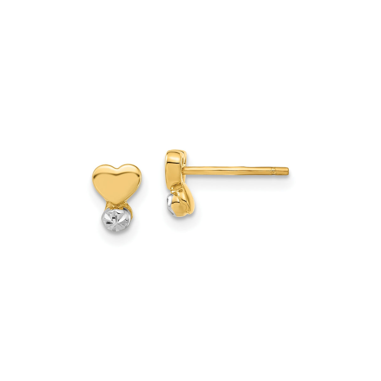 14k Yellow Gold Heart Stud Earrings with Polished Design and Textured White Ball Accent