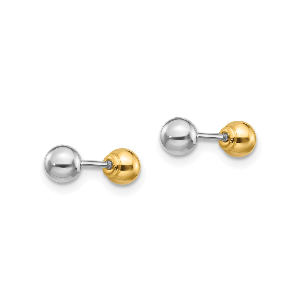 14k Two Tone Gold Ball Stud Earrings with Screw Back, Polished Minimalist Style