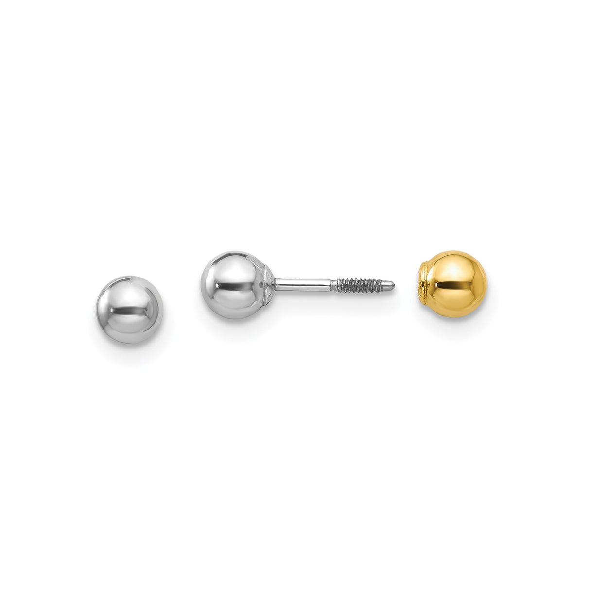 14k Two Tone Gold Ball Stud Earrings with Screw Back, Polished Minimalist Style