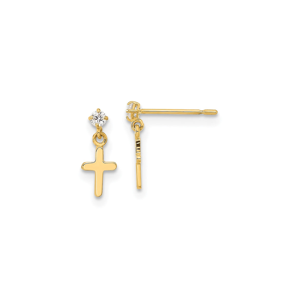 14k Yellow Gold Cross Pendant with Cubic Zirconia, Polished Religious Jewelry for Men and Women