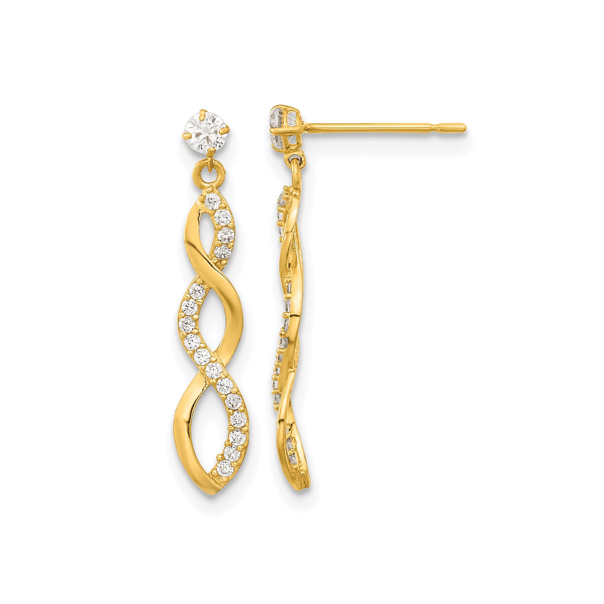 14k Yellow Gold Dangle Earrings with Cubic Zirconia, Twisted Infinity Design