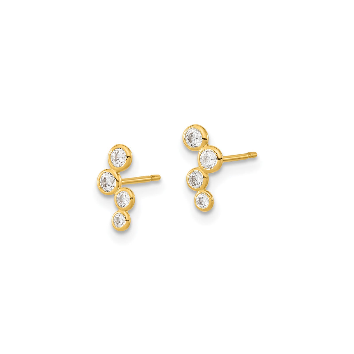 14k Yellow Gold Stud Earrings with Cubic Zirconia, Three-Stone Bezel Design, Minimalist Style