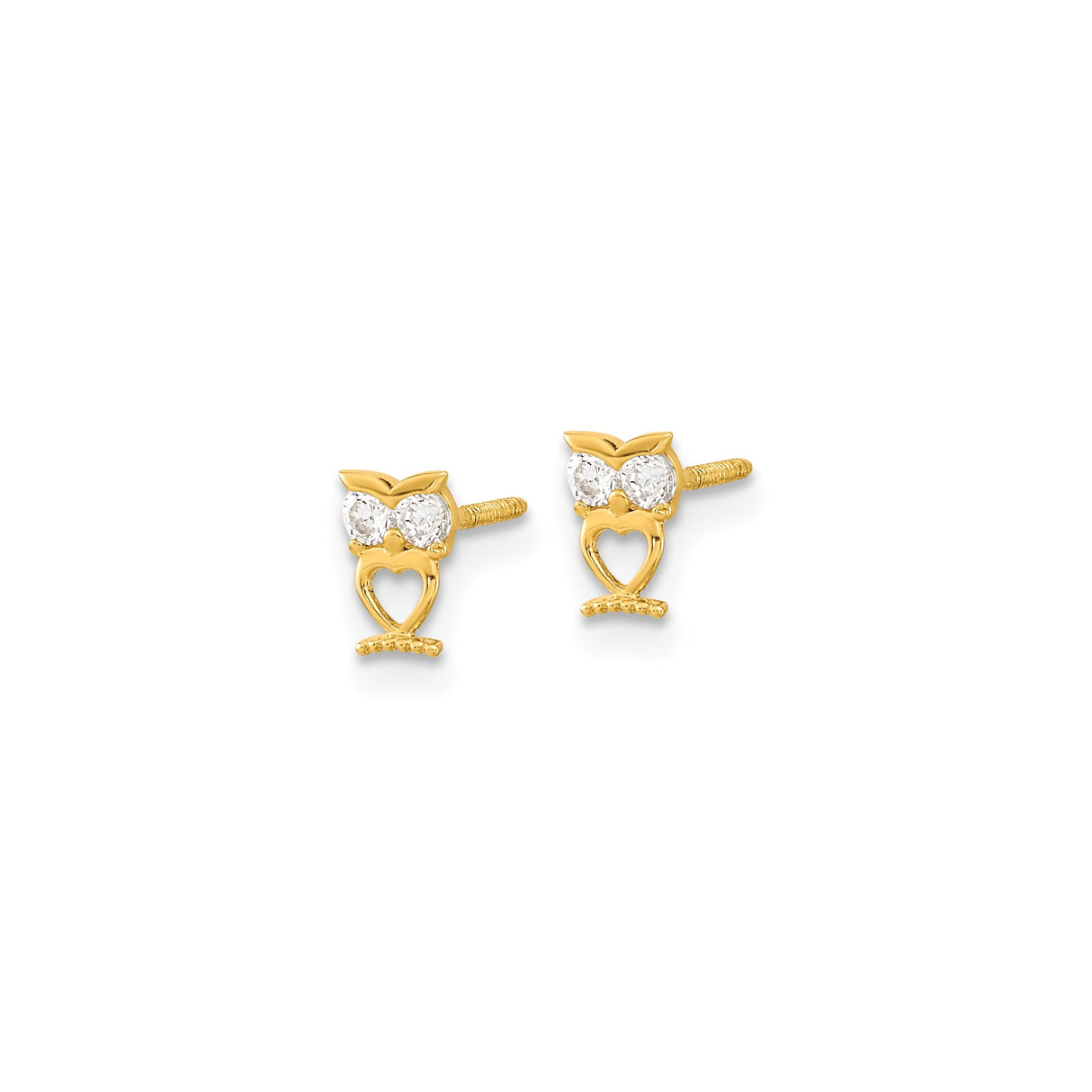 14k Yellow Gold Owl Stud Earrings with Cubic Zirconia Eyes and Heart Body