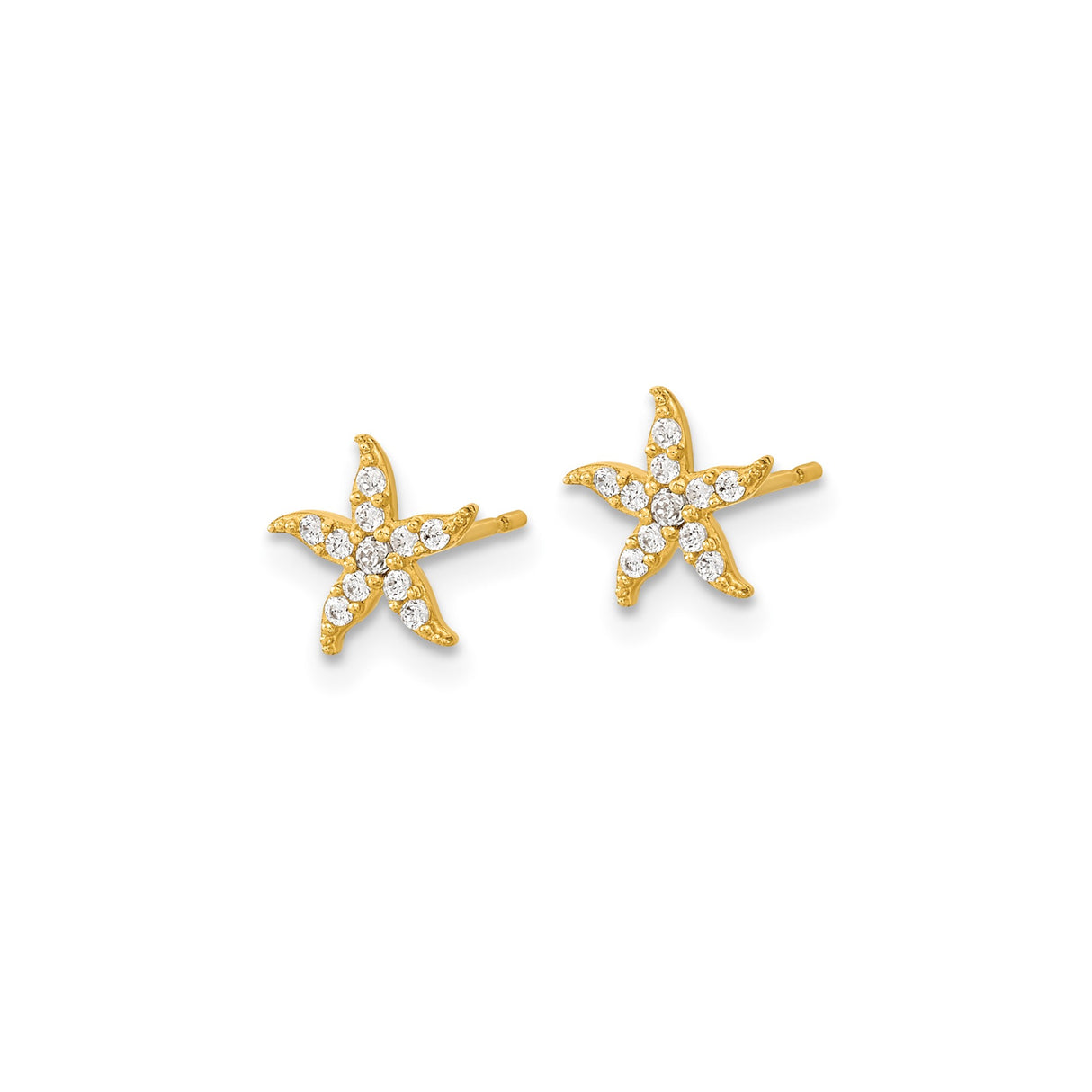 14k Yellow Gold Starfish Stud Earrings with Cubic Zirconia, Ocean Theme for Women