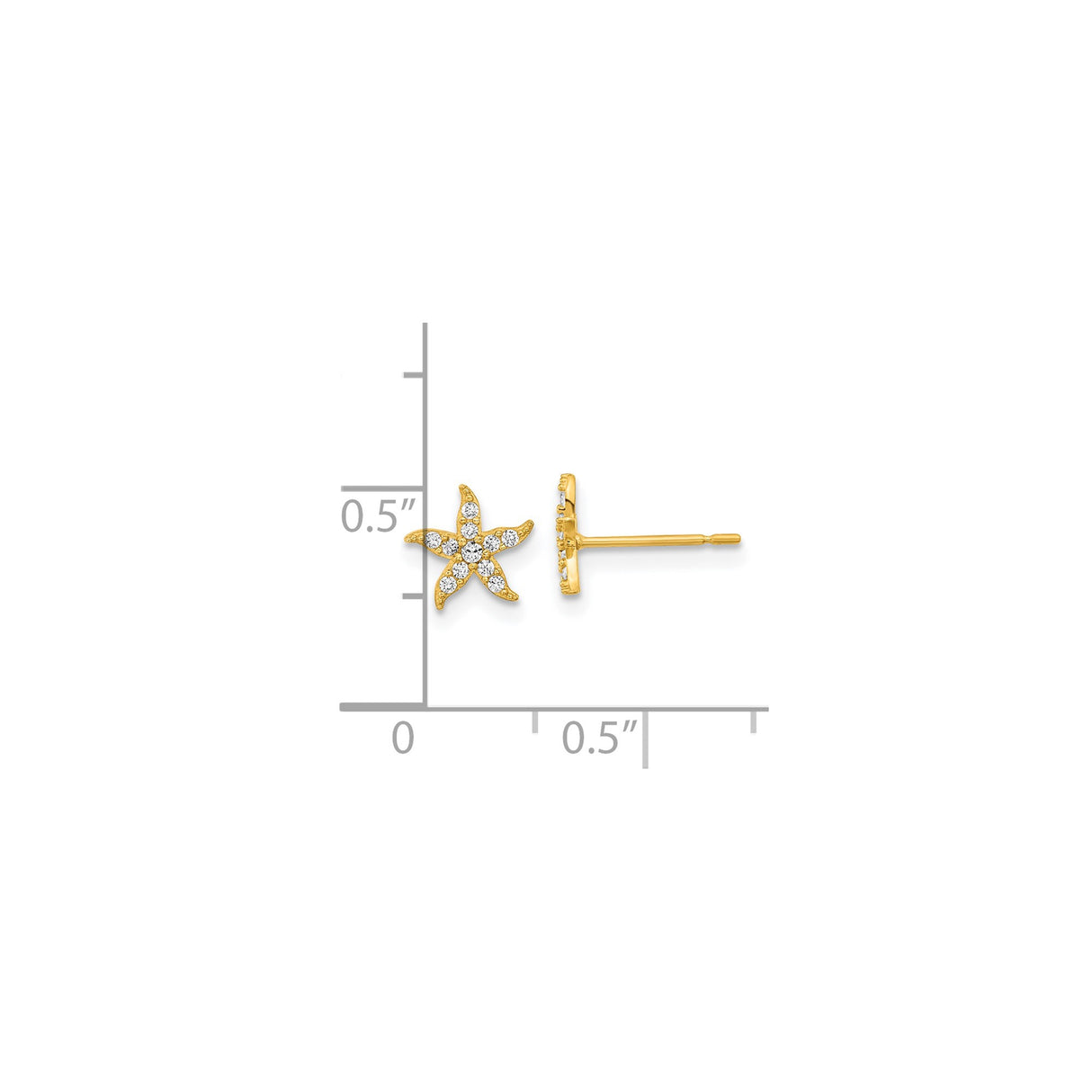 14k Yellow Gold Starfish Stud Earrings with Cubic Zirconia, Ocean Theme for Women