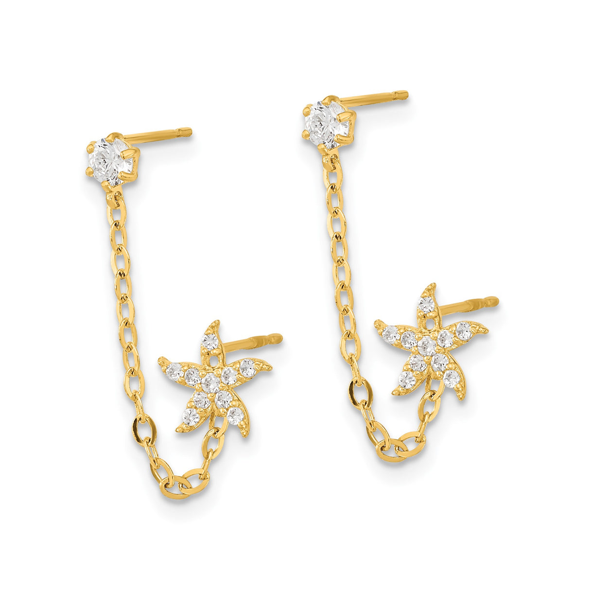14k Yellow Gold Drop Earrings with Cubic Zirconia, Star and Floral Motif