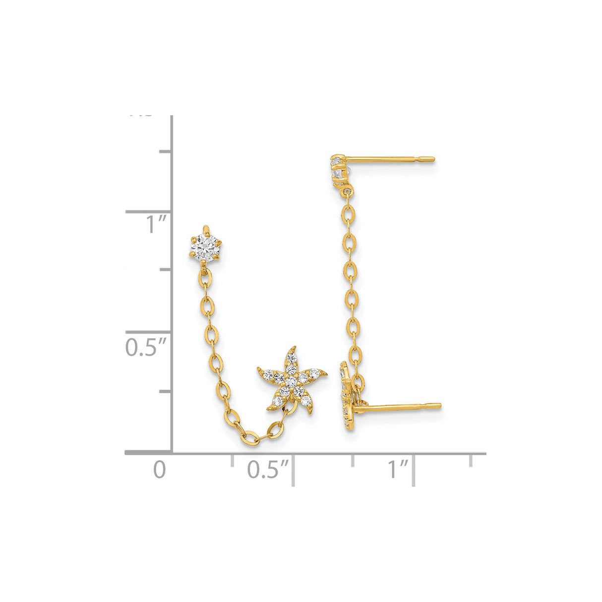 14k Yellow Gold Drop Earrings with Cubic Zirconia, Star and Floral Motif