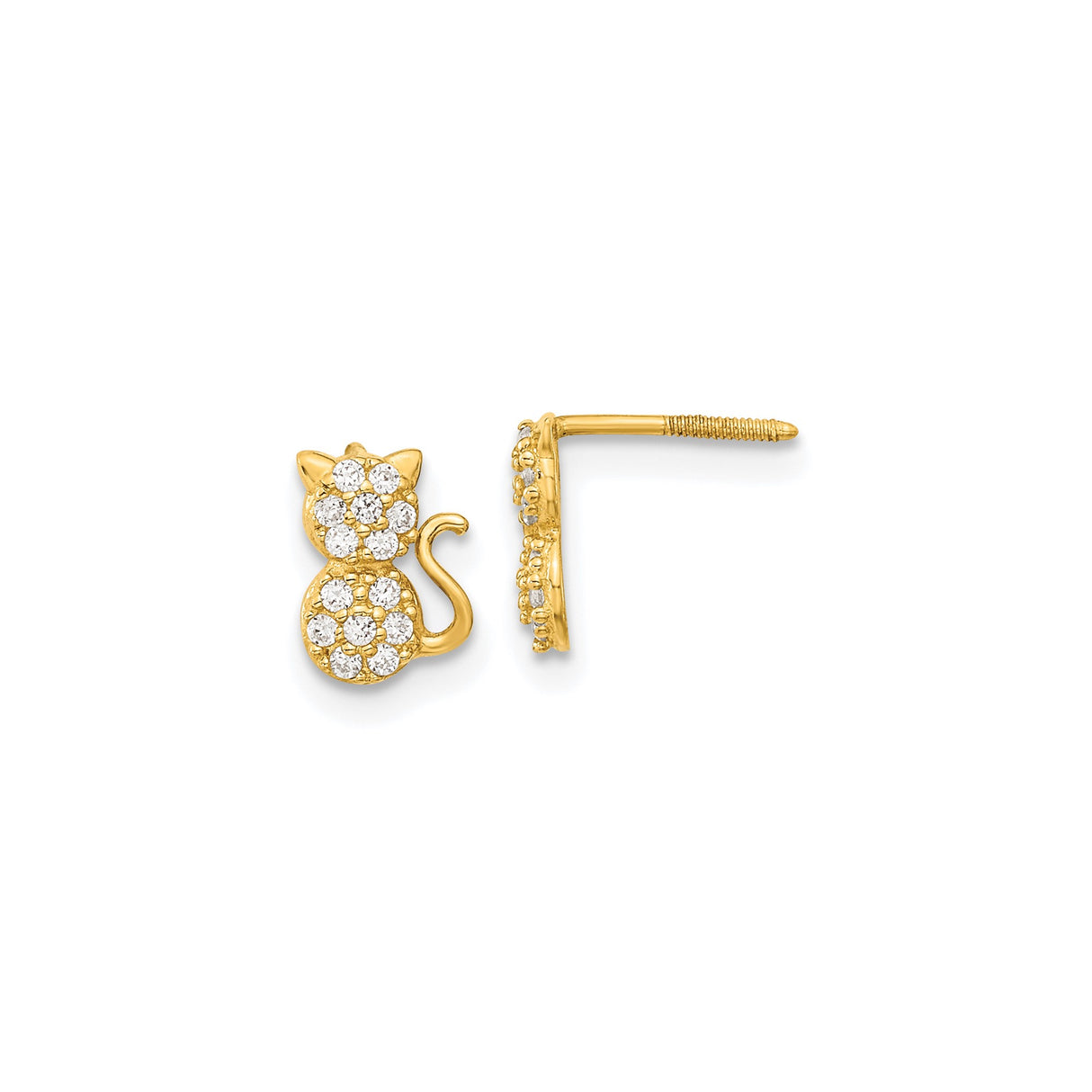 14k Yellow Gold Cat Stud Earrings with Cubic Zirconia, Playful Feline Design for Women