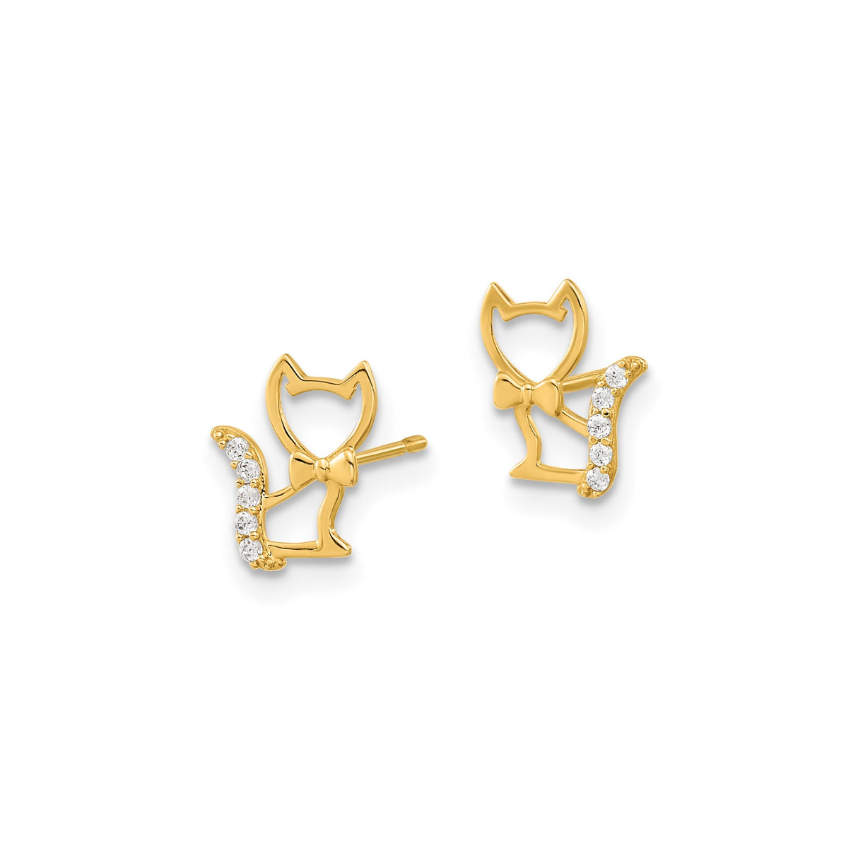 14k Yellow Gold Cat Stud Earrings with Cubic Zirconia Tail and Bowtie Design