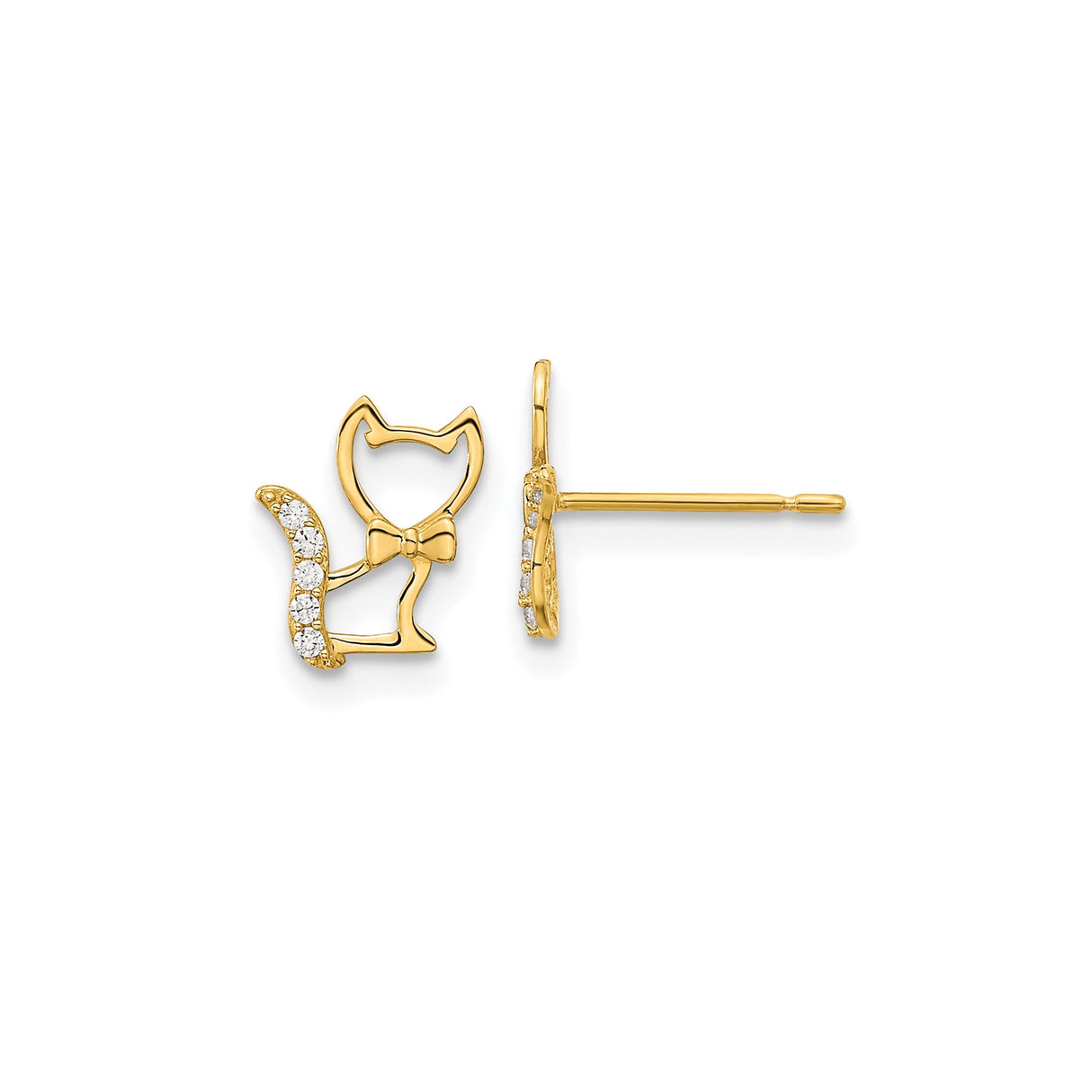 14k Yellow Gold Cat Stud Earrings with Cubic Zirconia Tail and Bowtie Design