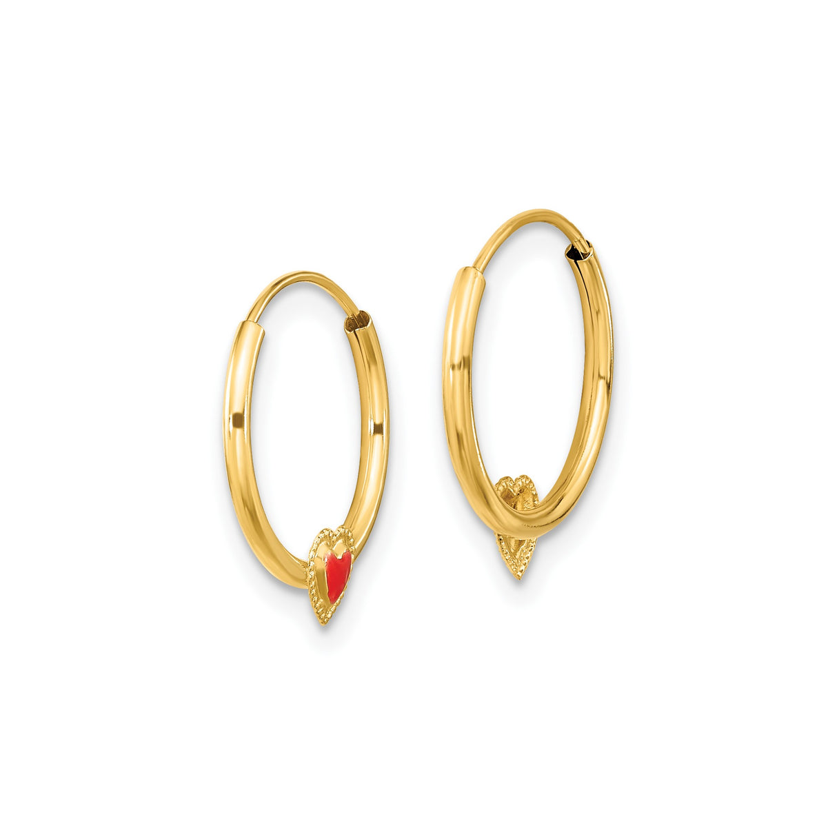 14k Yellow Gold Hoop Earrings with Red Enamel Heart Charm and Beaded Detail