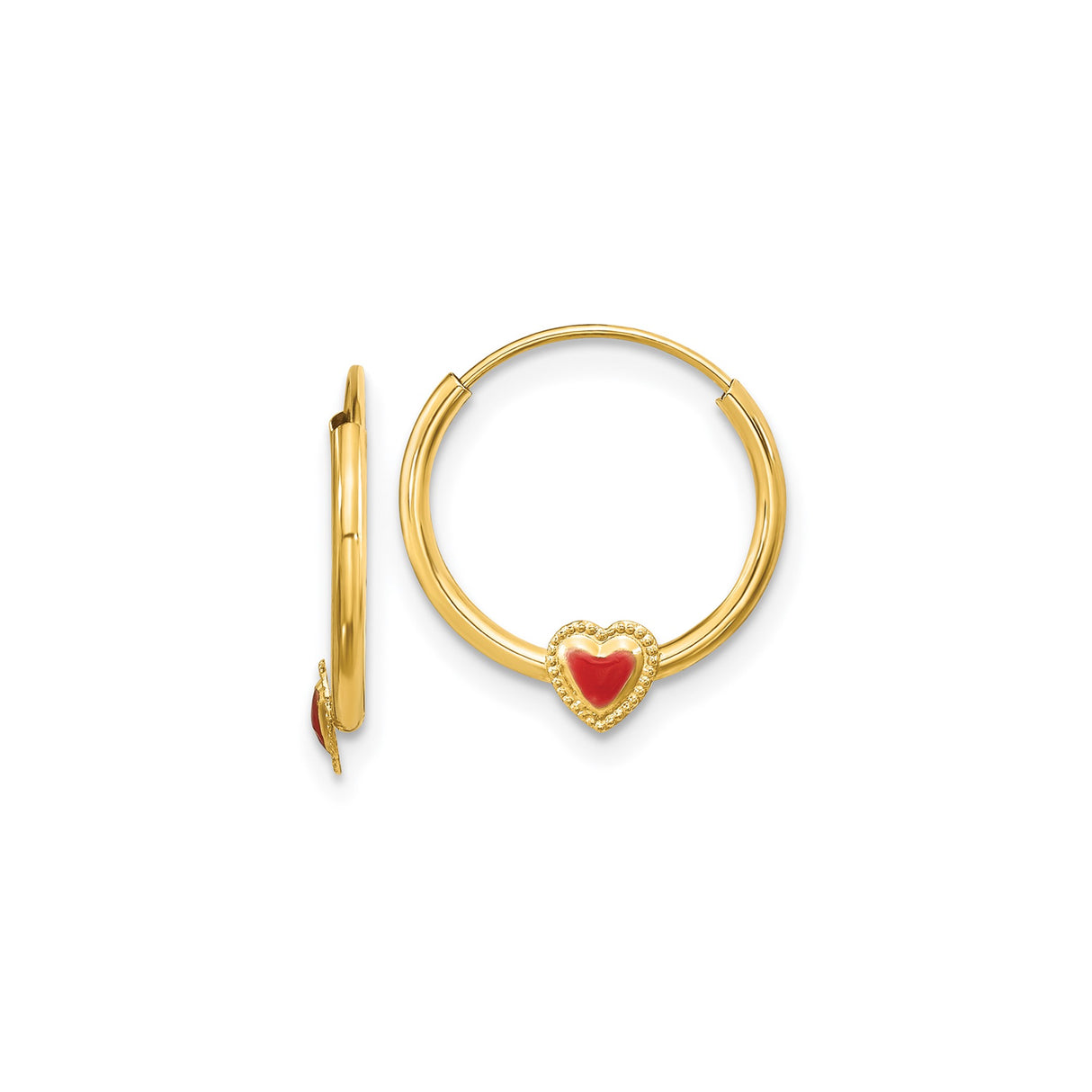 14k Yellow Gold Hoop Earrings with Red Enamel Heart Charm and Beaded Detail