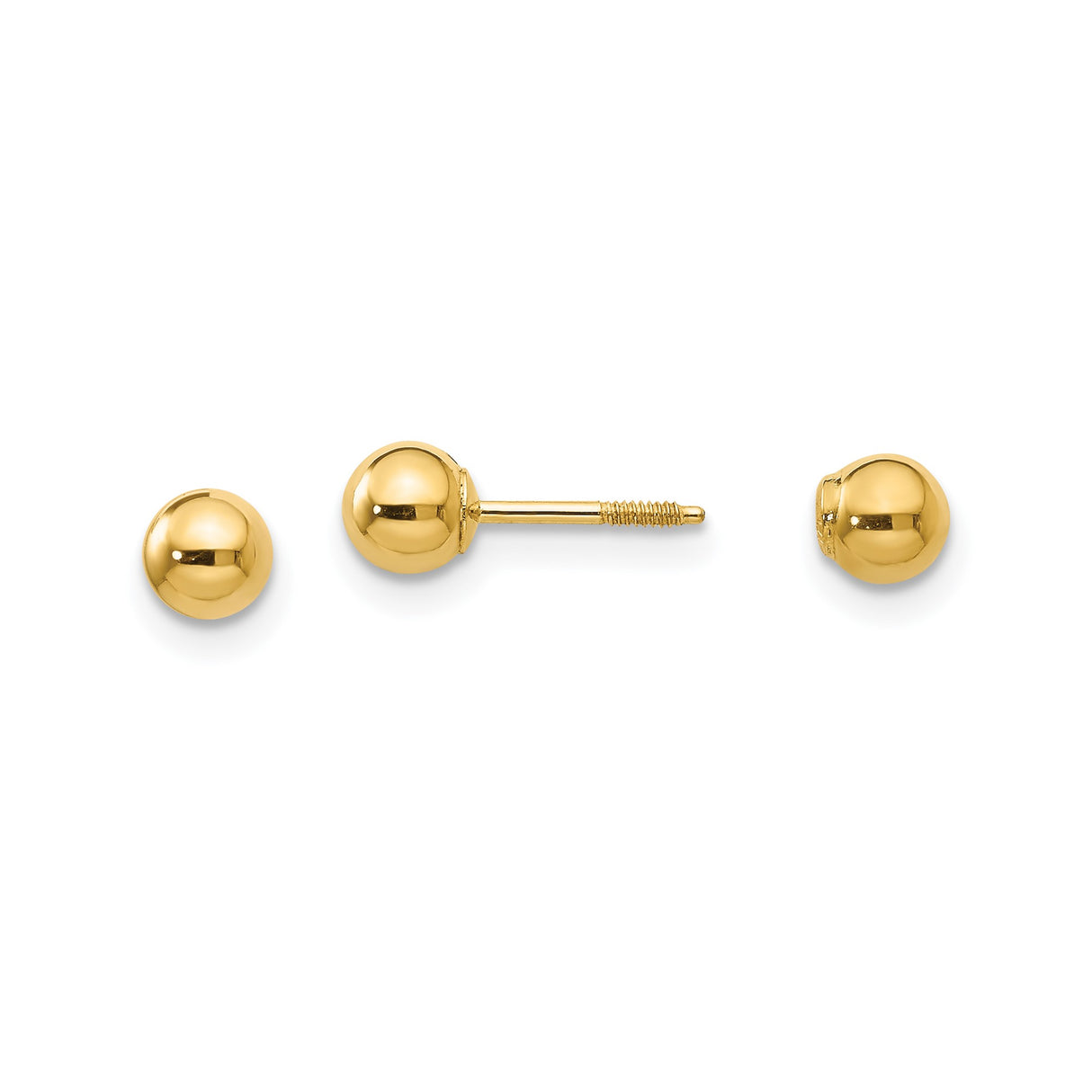 14k Yellow Gold Ball Stud Earrings, Screw-Back, Minimalist Polished Finish, Unisex Fine Jewelry