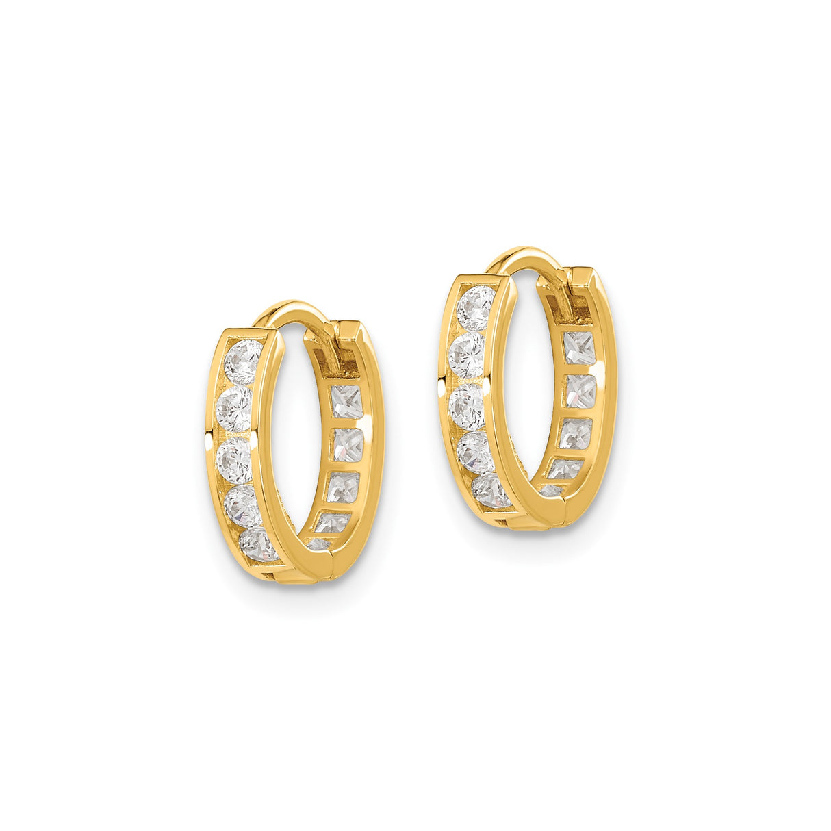 14k Yellow Gold Hoop Earrings with Channel Set Round White Stones, Reversible Lightweight Design