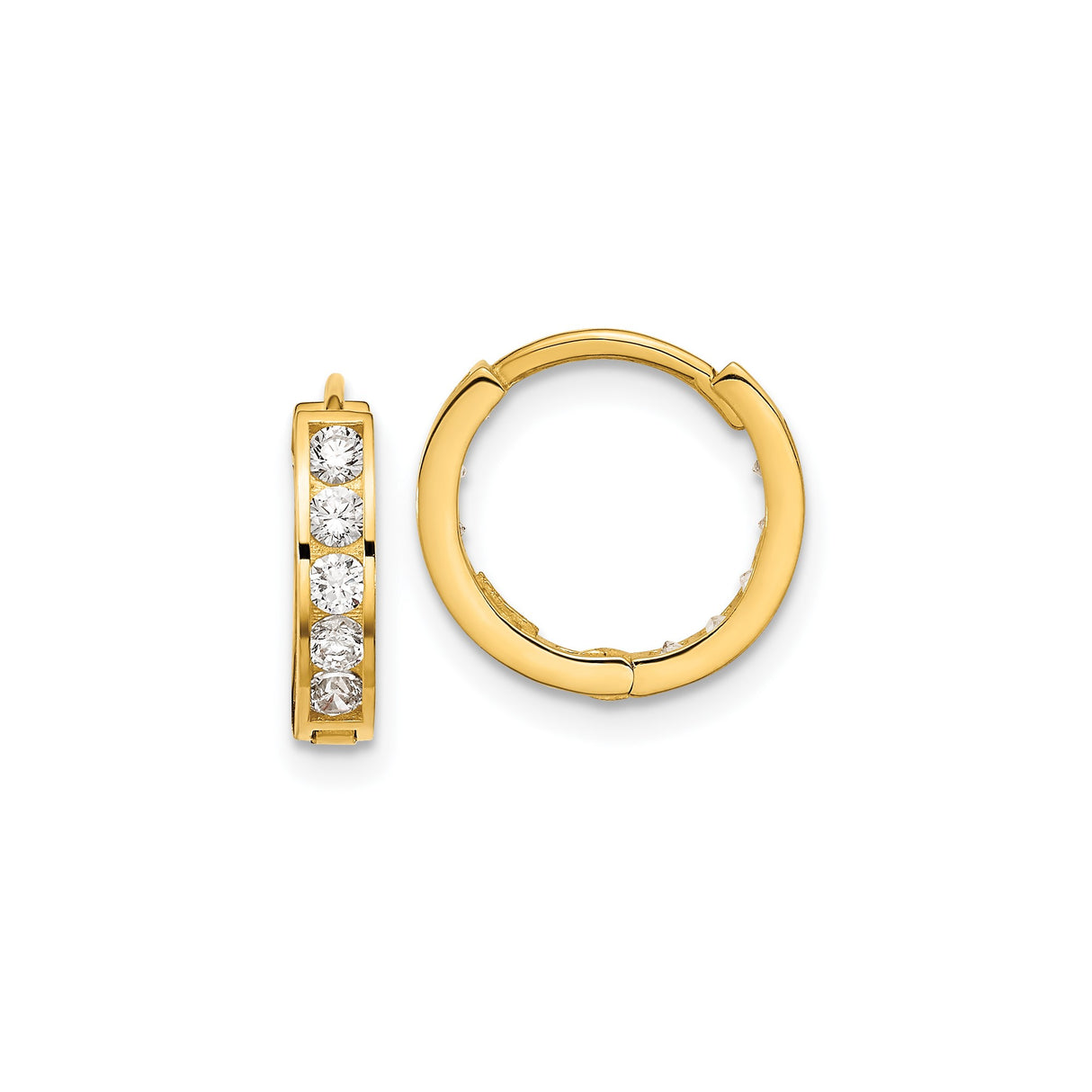 14k Yellow Gold Hoop Earrings with Channel Set Round White Stones, Reversible Lightweight Design