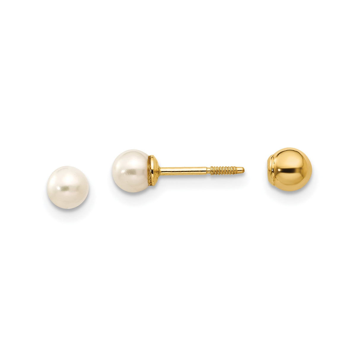 14k Yellow Gold Pearl Stud Earrings with White Cultured Pearls, Screw Back Classic Style for Women