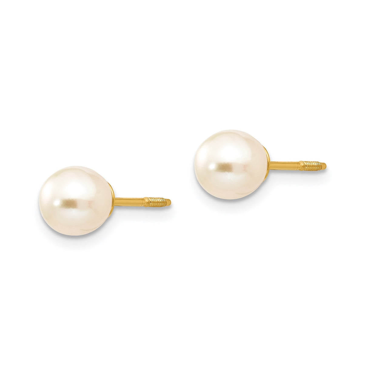 14k Yellow Gold Pearl Stud Earrings with White Cultured Pearls, Screw-Back, Classic Style