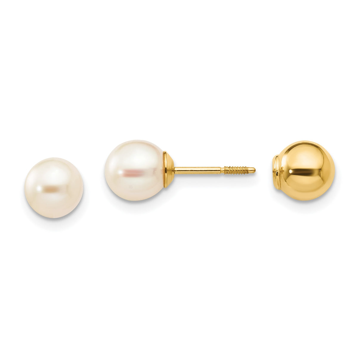 14k Yellow Gold Pearl Stud Earrings with White Cultured Pearls, Screw-Back, Classic Style