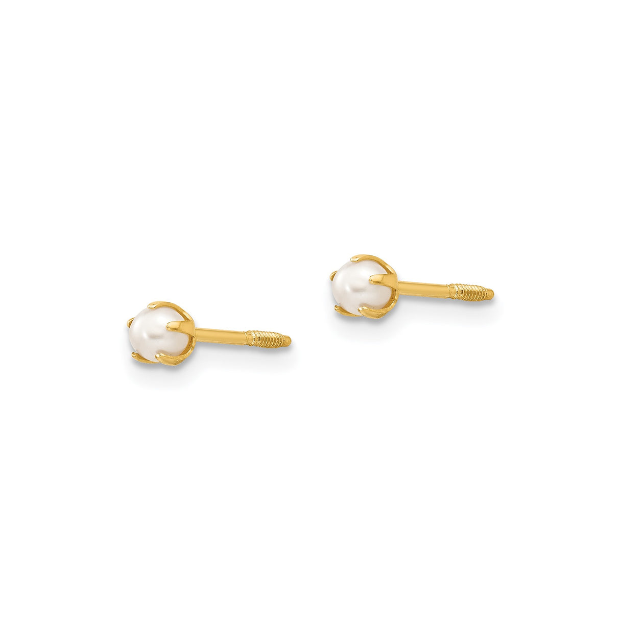 14k Yellow Gold Stud Earrings with White Pearls, Prong Setting, Screw Back