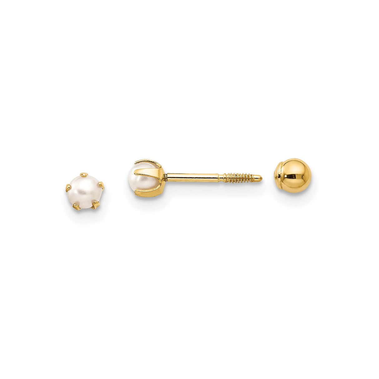 14k Yellow Gold Stud Earrings with White Pearls, Prong Setting, Screw Back