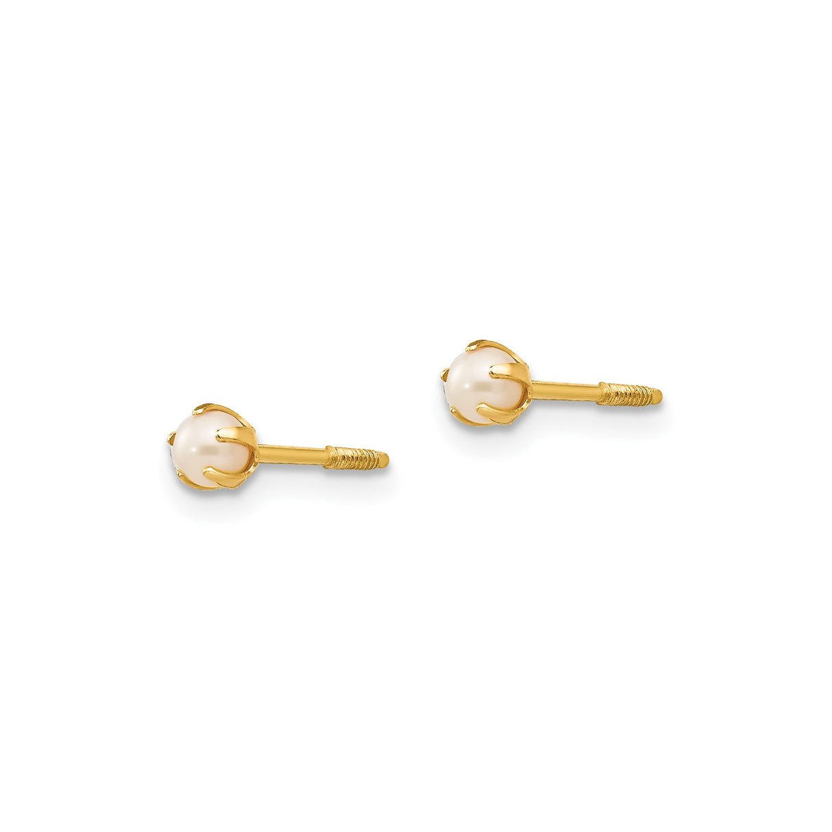 14k Yellow Gold Stud Earrings with Round White Cultured Pearls, Six-Prong Screw Back Design