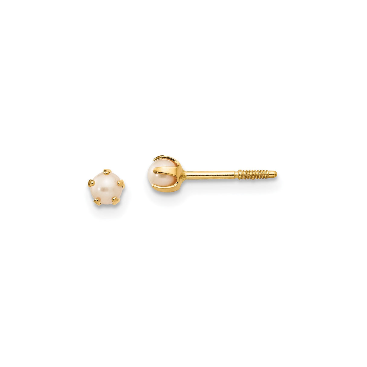 14k Yellow Gold Stud Earrings with Round White Cultured Pearls, Six-Prong Screw Back Design