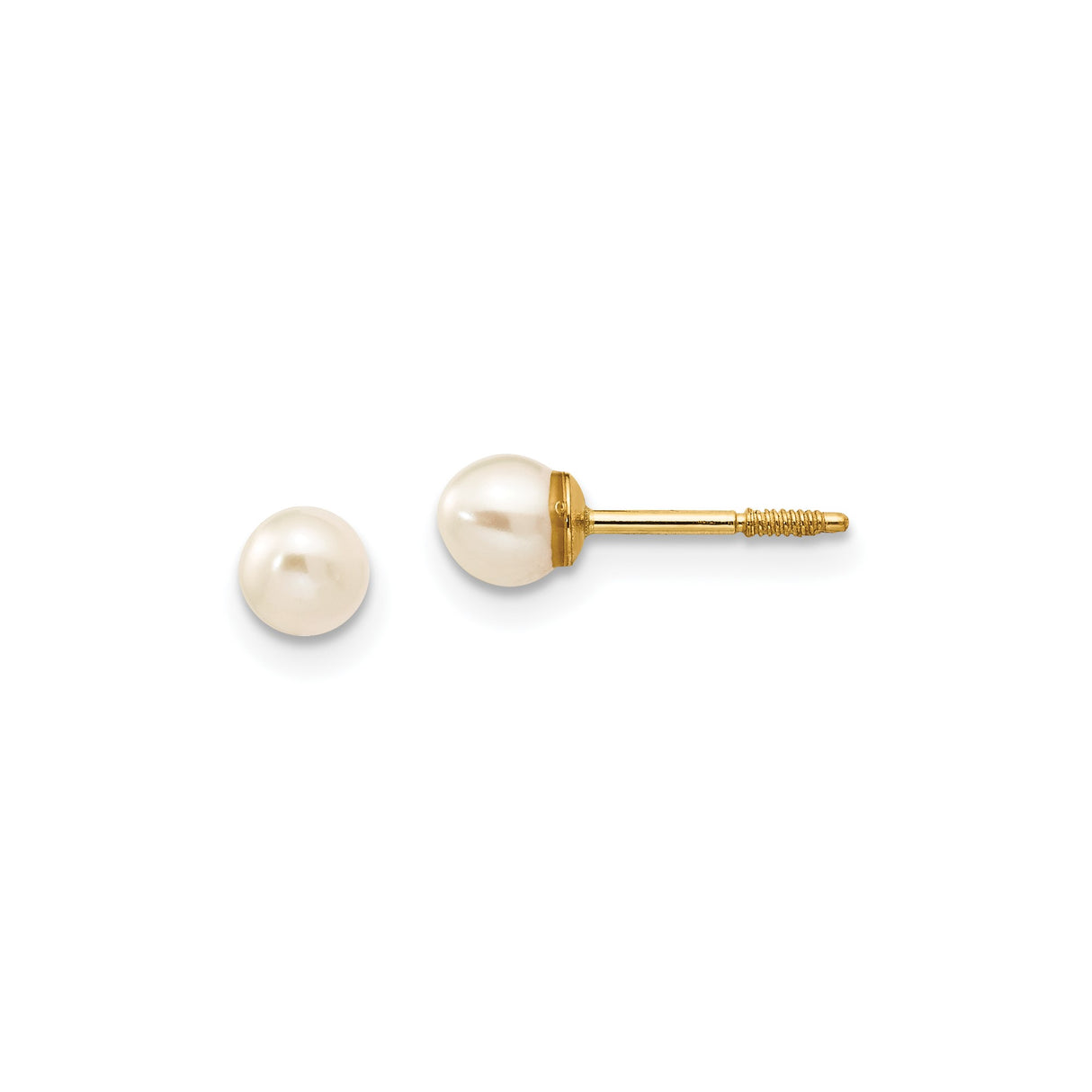 14k Yellow Gold Pearl Stud Earrings with Round White Cultured Pearls, Screw Back, Classic Style