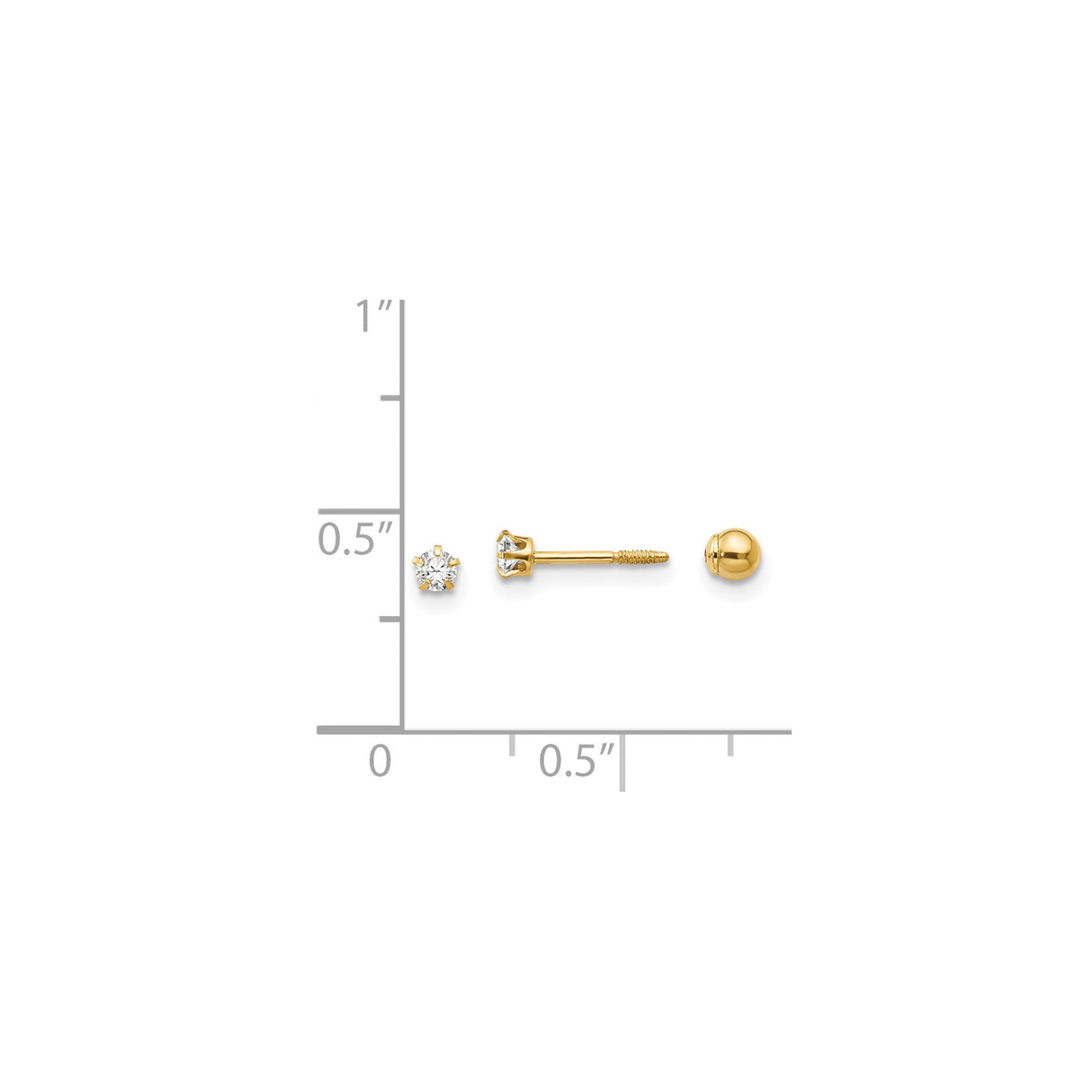 14k Yellow Gold Stud Earrings with Cubic Zirconia, Solitaire Design, Screw Back Closure