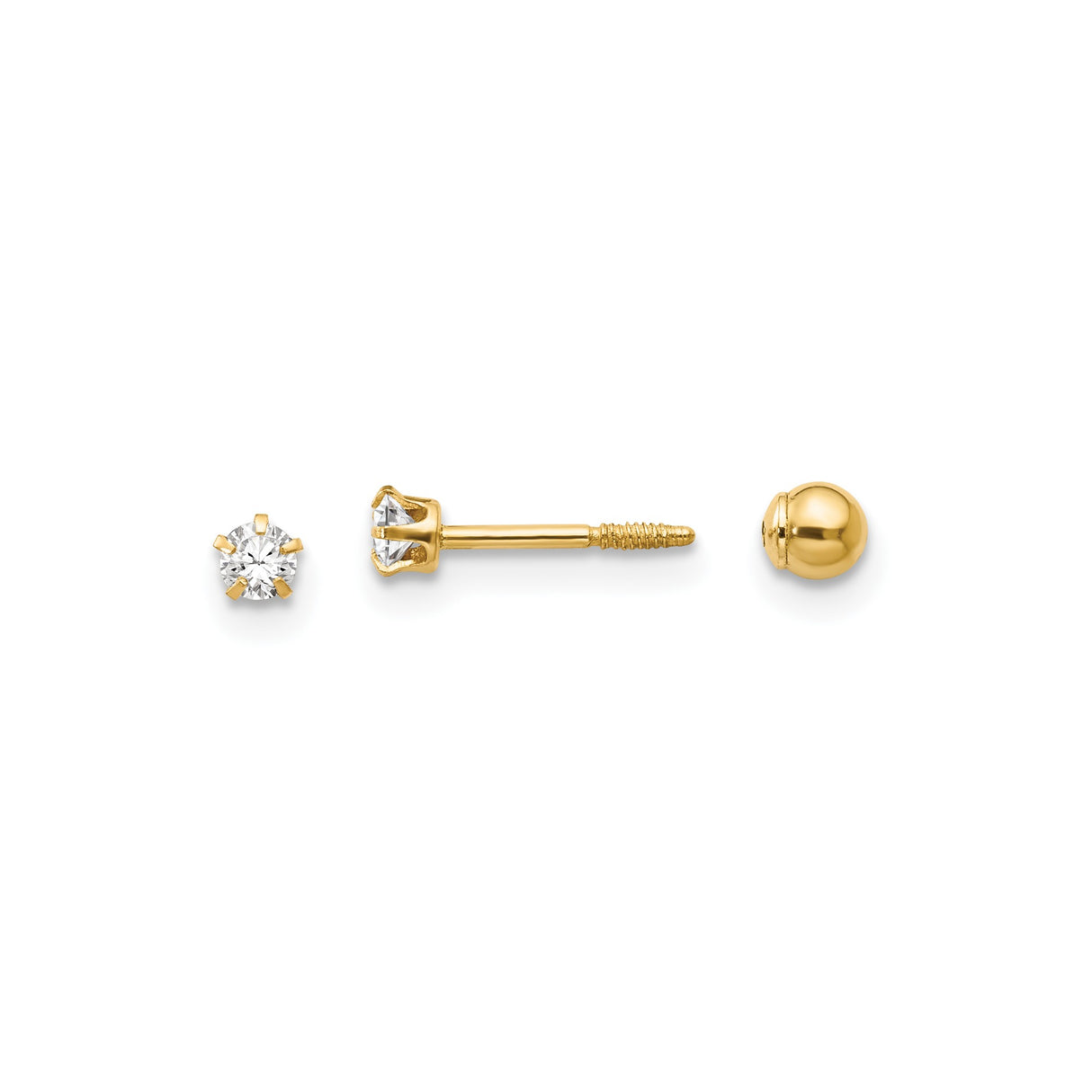 14k Yellow Gold Stud Earrings with Cubic Zirconia, Solitaire Design, Screw Back Closure