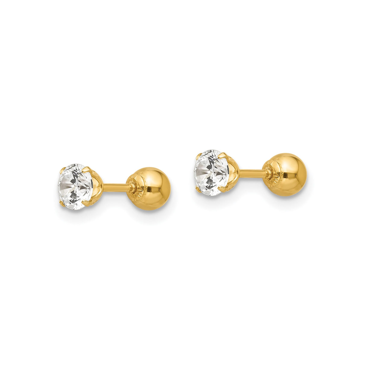 14k Yellow Gold Solitaire Stud Earrings with Clear Cubic Zirconia, Screw Back