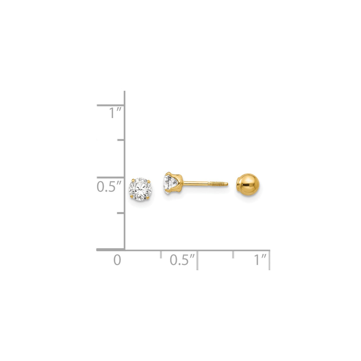 14k Yellow Gold Solitaire Stud Earrings with Clear Cubic Zirconia, Screw Back