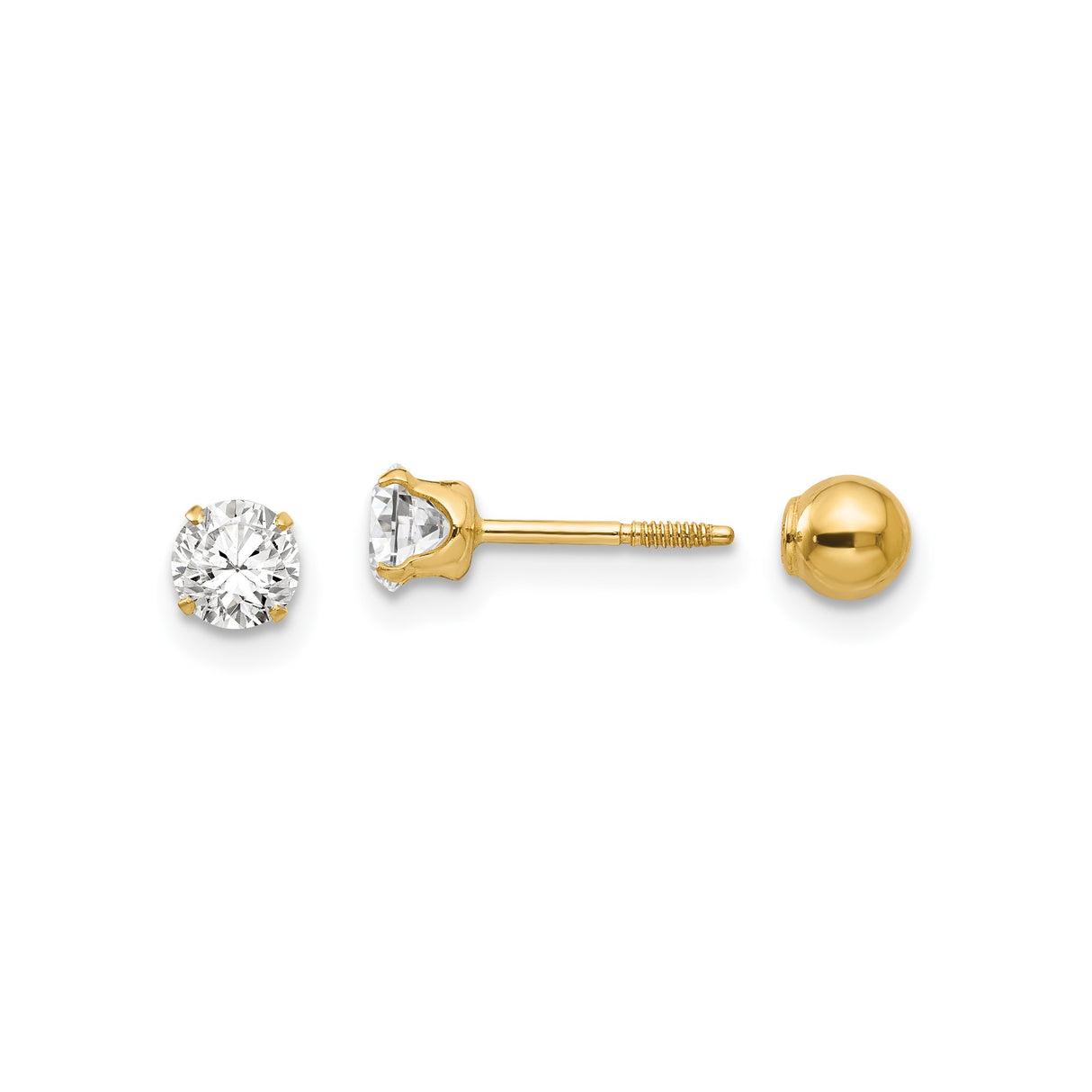 14k Yellow Gold Solitaire Stud Earrings with Clear Cubic Zirconia, Screw Back