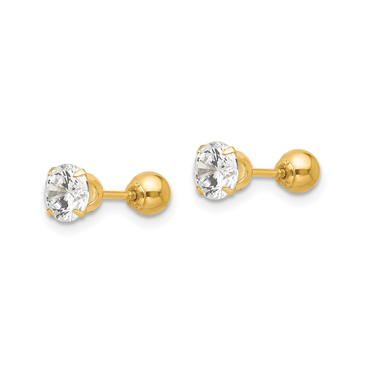 14k Yellow Gold Stud Earrings with Clear Round Cut Cubic Zirconia, Solitaire Four-Prong Setting