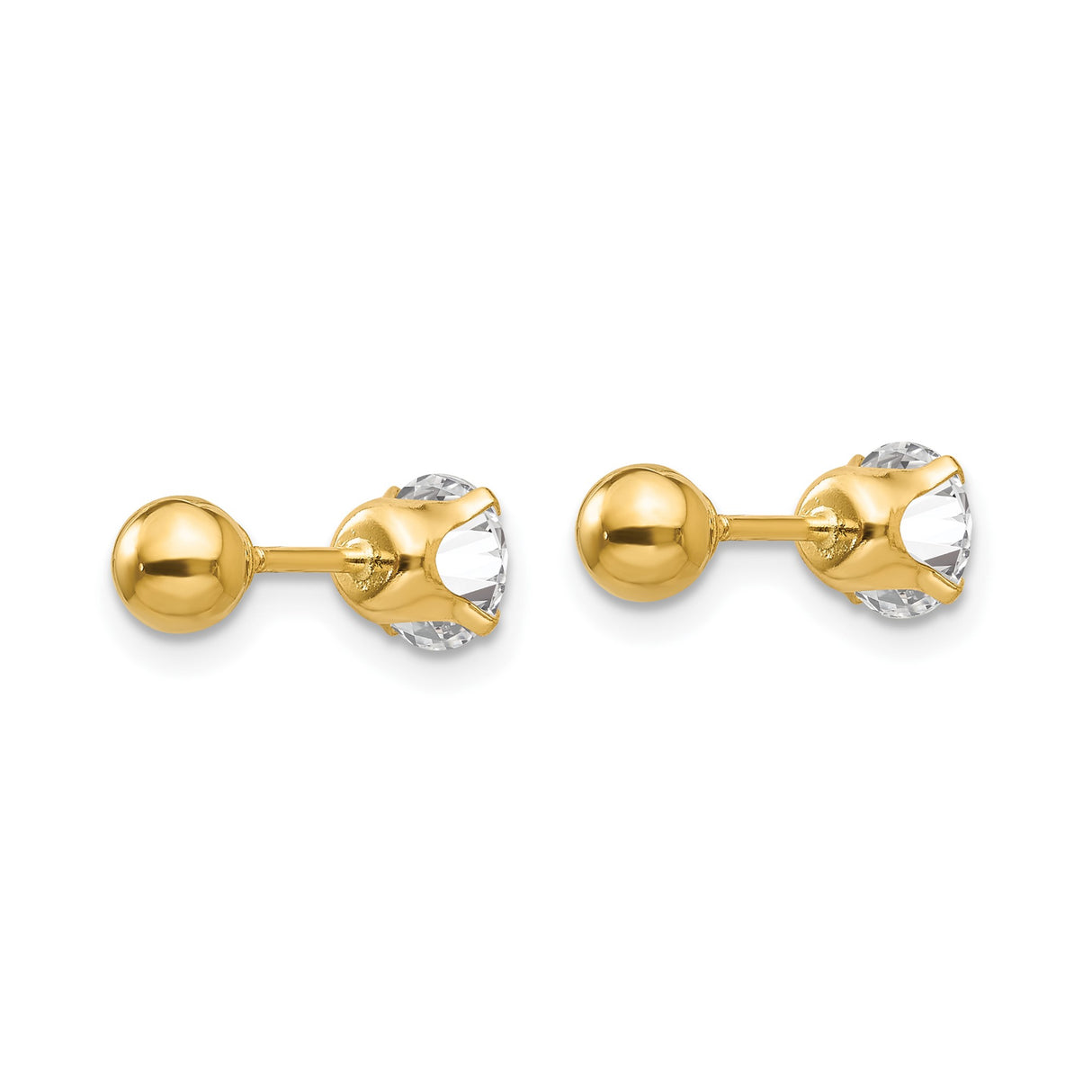 14k Yellow Gold Stud Earrings with Clear Round Cut Cubic Zirconia, Solitaire Four-Prong Setting