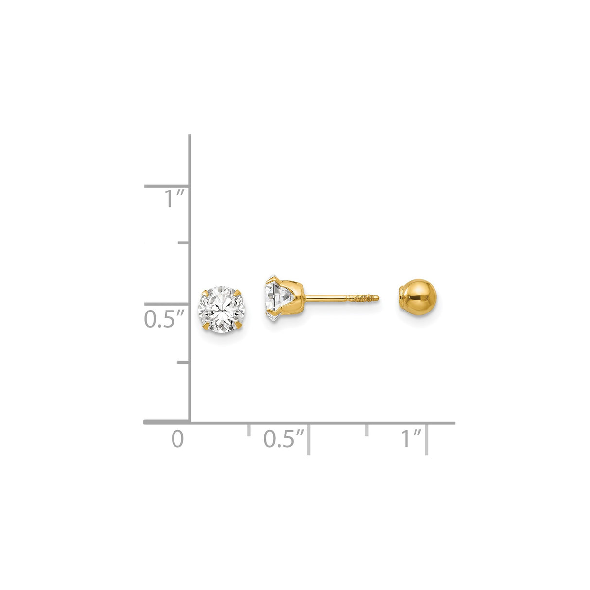 14k Yellow Gold Stud Earrings with Clear Round Cut Cubic Zirconia, Solitaire Four-Prong Setting