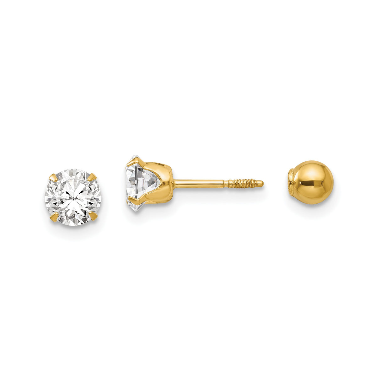 14k Yellow Gold Stud Earrings with Clear Round Cut Cubic Zirconia, Solitaire Four-Prong Setting