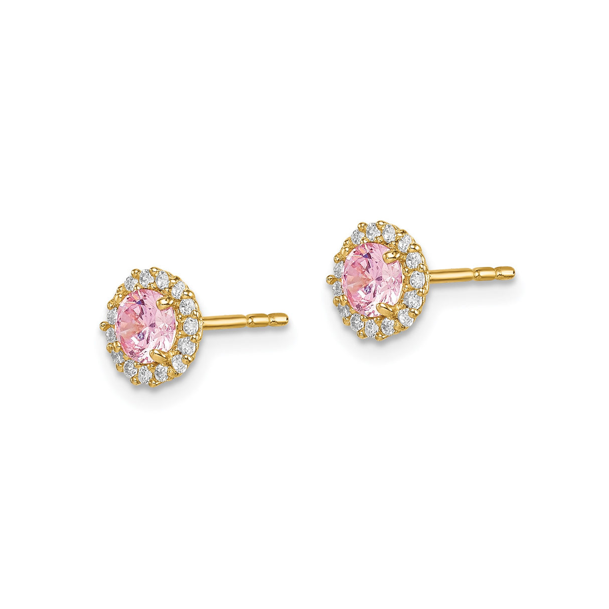 14k Yellow Gold Stud Earrings with Round Pink Center and White Halo Stones, Halo Design
