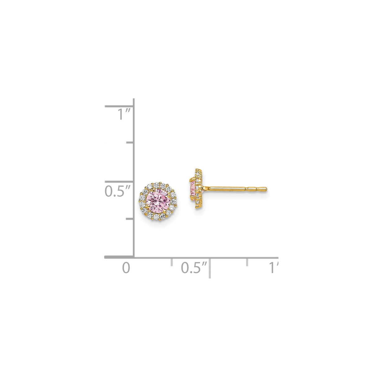 14k Yellow Gold Stud Earrings with Round Pink Center and White Halo Stones, Halo Design