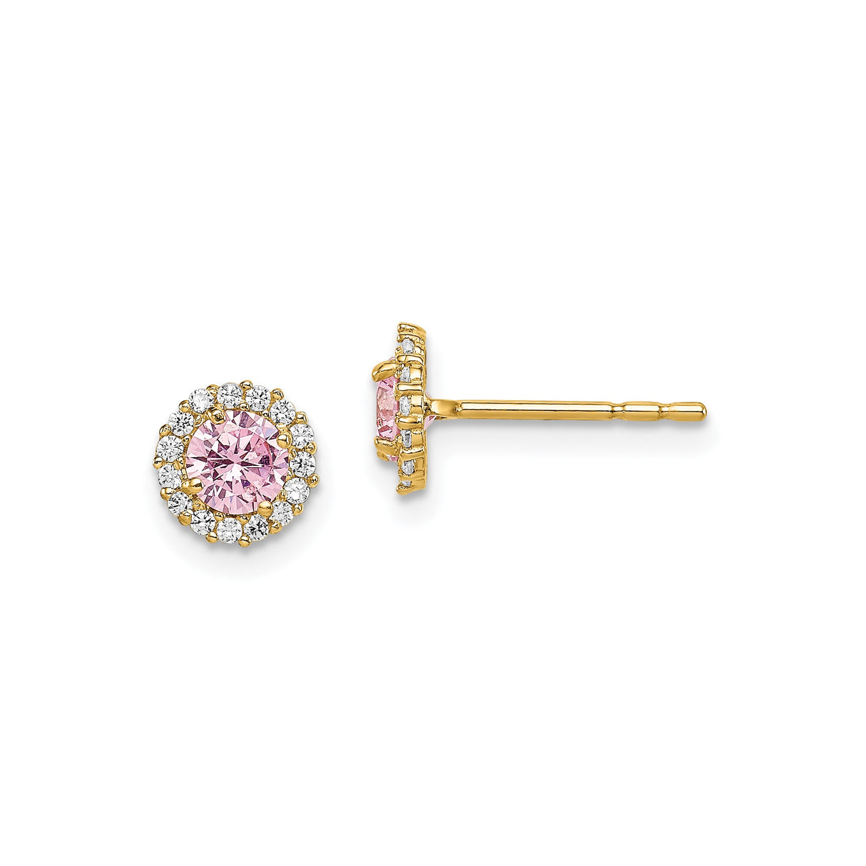 14k Yellow Gold Stud Earrings with Round Pink Center and White Halo Stones, Halo Design