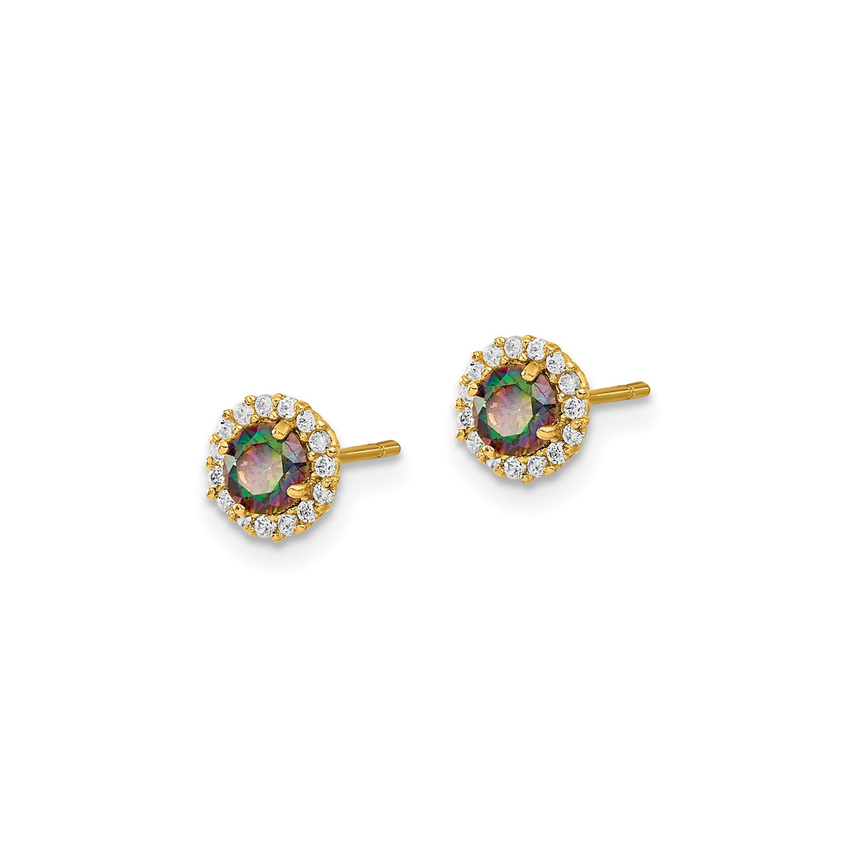 14k Yellow Gold Stud Earrings with Round Mystic Topaz and White Gemstone Halo